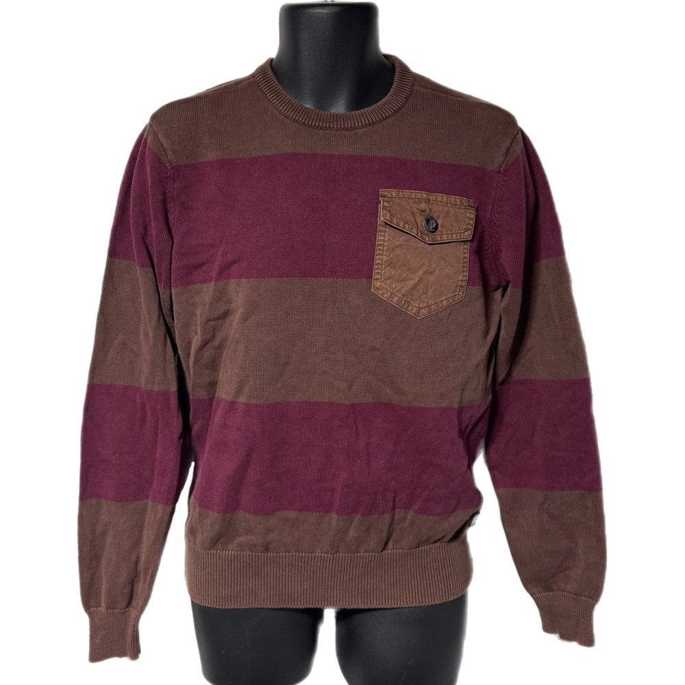 Roark Scout Striped Pocket Crewneck Sweater M Elbow Patches Brown Burgundy